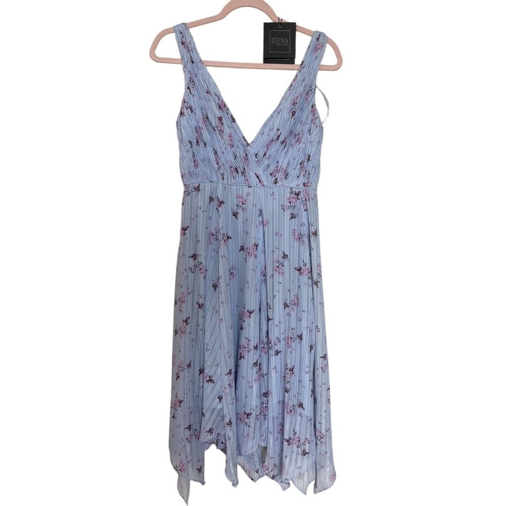 Ieena Mac Duggal Dress Size 2 Blue Pink Floral Handkerchief Hem V Neck 55833